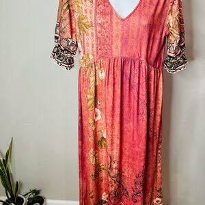 PINK DAISY Coral Floral V-Neck Maxi Dress with Short Puff Sleeves
